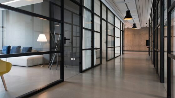 hallway between glass-panel doors